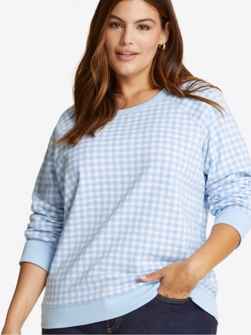 Draper James Light Blue Gingham Natalie Crewneck Sweater Women’s XS Preppy